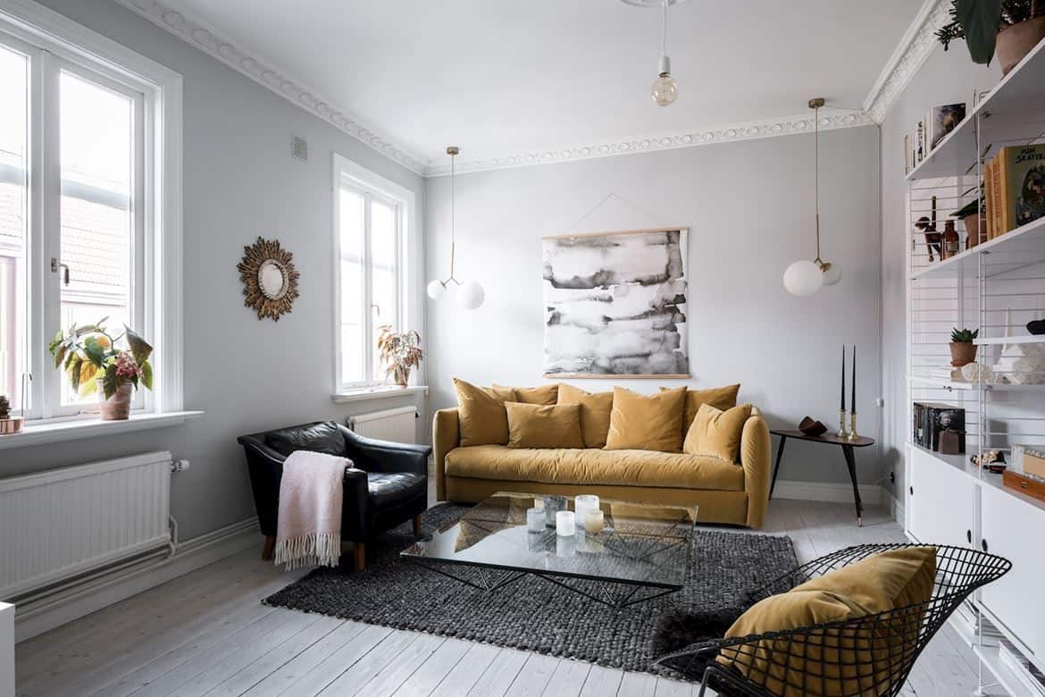 appartement scandinave séjour canapé jaune